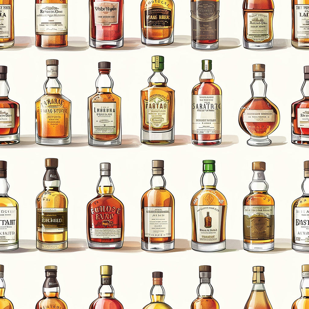 whiskey bottles, amber liquid, golden brown, russet orange, cream labels, glass bottles, scottish theme, alcohol collection, vintage bottles,, fabric panel, realistic illustration, bar scene, distillery motif, brown tones, bottle shapes, spirits design, beverage pattern, detailed artwork, repeating pattern