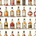 whiskey bottles, amber liquid, golden brown, russet orange, cream labels, glass bottles, scottish theme, alcohol collection, vintage bottles,, fabric panel, realistic illustration, bar scene, distillery motif, brown tones, bottle shapes, spirits design, beverage pattern, detailed artwork, repeating pattern
