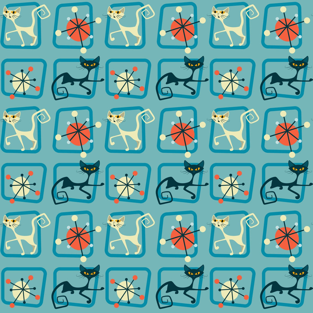 turquoise, teal, orange, red, cream, atomic pattern, mid-century modern, retro cats, stylized cats, geometric shapes, starburst motifs, angular design, 1950s style, modernist, repeating pattern,, fabric panel, vintage inspired, atomic age, sleek cats