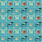 turquoise, teal, orange, red, cream, atomic pattern, mid-century modern, retro cats, stylized cats, geometric shapes, starburst motifs, angular design, 1950s style, modernist, repeating pattern,, fabric panel, vintage inspired, atomic age, sleek cats