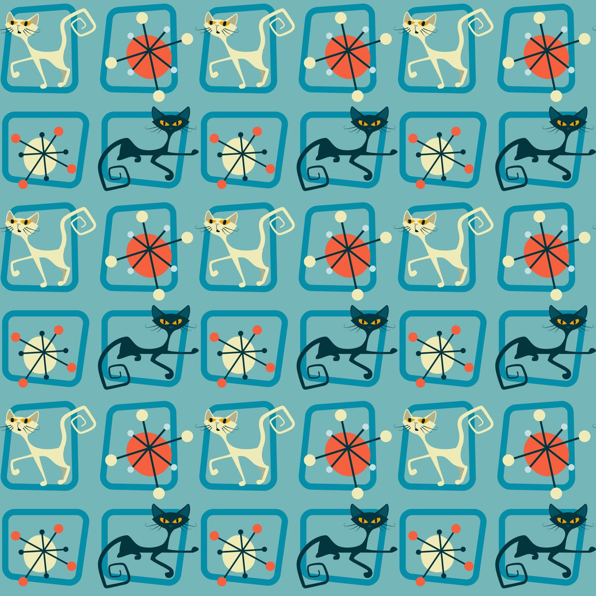 turquoise, teal, orange, red, cream, atomic pattern, mid-century modern, retro cats, stylized cats, geometric shapes, starburst motifs, angular design, 1950s style, modernist, repeating pattern,, fabric panel, vintage inspired, atomic age, sleek cats
