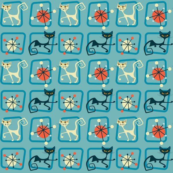 turquoise, teal, orange, red, cream, atomic pattern, mid-century modern, retro cats, stylized cats, geometric shapes, starburst motifs, angular design, 1950s style, modernist, repeating pattern,, fabric panel, vintage inspired, atomic age, sleek cats