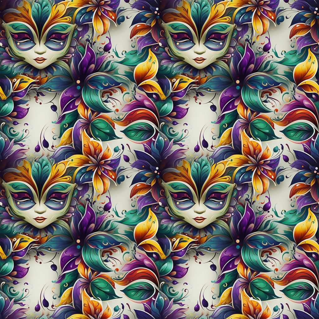 mardi gras masks, venetian masks, purple, green, gold, orange, teal, floral motifs, feathers, ornate designs, carnival theme, masquerade, decorative swirls, fantasy faces,, fabric panel, festive pattern, new orleans style, baroque elements, vibrant colors