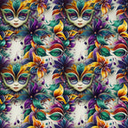 mardi gras masks, venetian masks, purple, green, gold, orange, teal, floral motifs, feathers, ornate designs, carnival theme, masquerade, decorative swirls, fantasy faces,, fabric panel, festive pattern, new orleans style, baroque elements, vibrant colors