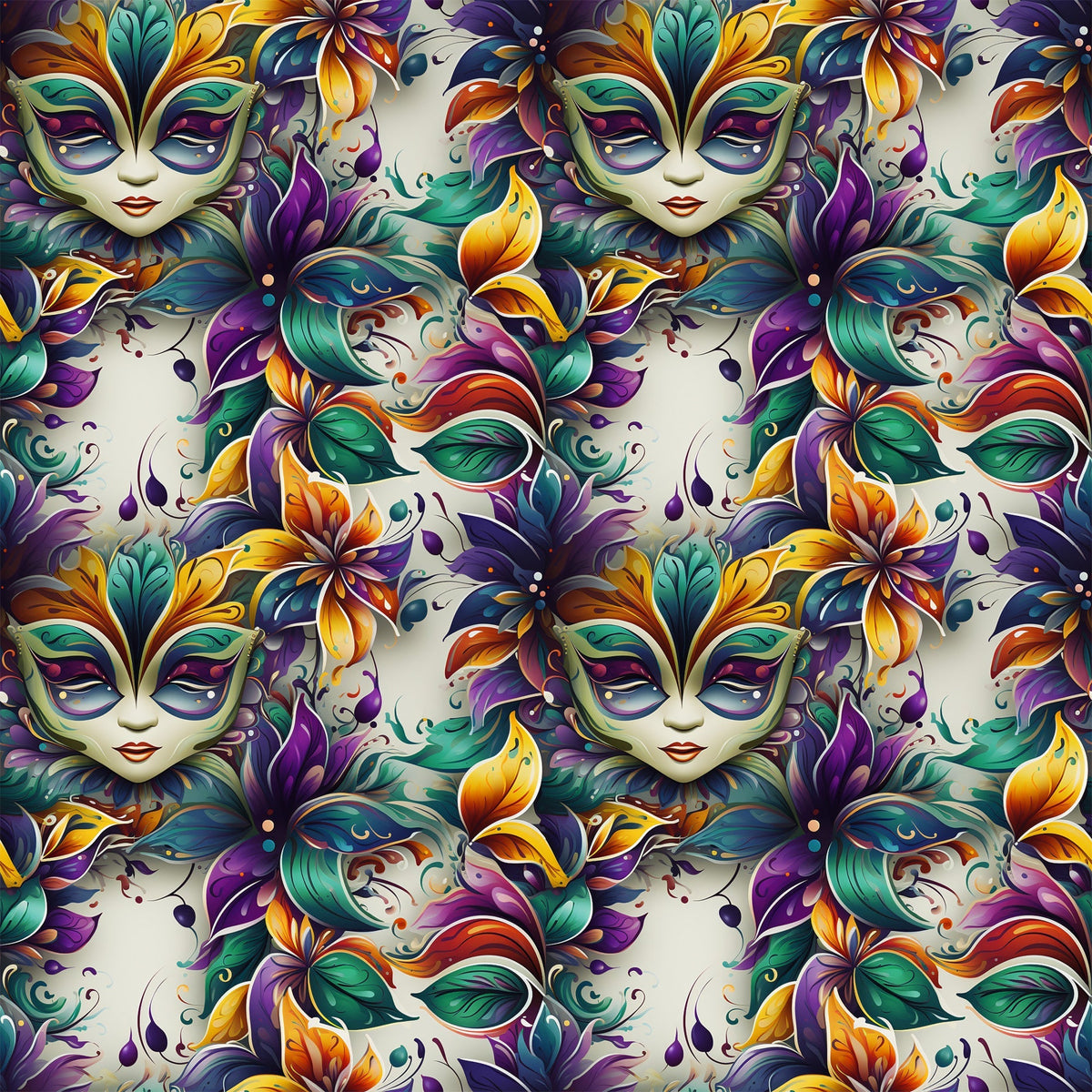 mardi gras masks, venetian masks, purple, green, gold, orange, teal, floral motifs, feathers, ornate designs, carnival theme, masquerade, decorative swirls, fantasy faces,, fabric panel, festive pattern, new orleans style, baroque elements, vibrant colors