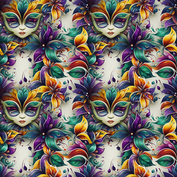mardi gras masks, venetian masks, purple, green, gold, orange, teal, floral motifs, feathers, ornate designs, carnival theme, masquerade, decorative swirls, fantasy faces,, fabric panel, festive pattern, new orleans style, baroque elements, vibrant colors