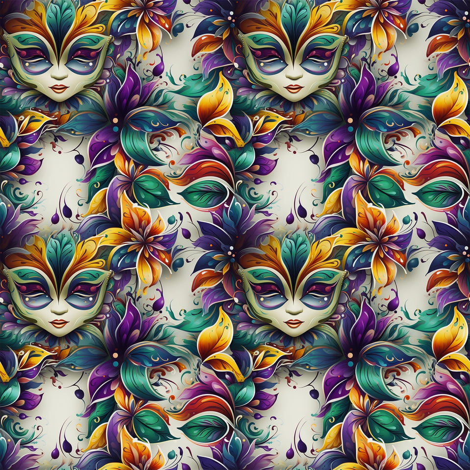 mardi gras masks, venetian masks, purple, green, gold, orange, teal, floral motifs, feathers, ornate designs, carnival theme, masquerade, decorative swirls, fantasy faces,, fabric panel, festive pattern, new orleans style, baroque elements, vibrant colors