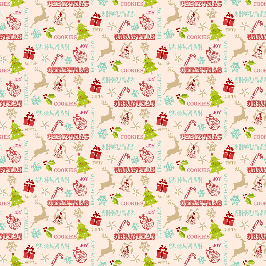 christmas pattern,, fabric panel, holiday motifs, reindeer silhouettes, christmas trees, ornament baubles, candy canes, gift boxes, snowflakes, holly leaves, jingle bells, festive words, cream background, red accents, green elements, turquoise blue, pink text, tan beige, winter theme, seasonal fabric, repeating pattern, holiday crafting