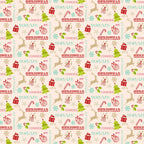 christmas pattern,, fabric panel, holiday motifs, reindeer silhouettes, christmas trees, ornament baubles, candy canes, gift boxes, snowflakes, holly leaves, jingle bells, festive words, cream background, red accents, green elements, turquoise blue, pink text, tan beige, winter theme, seasonal fabric, repeating pattern, holiday crafting