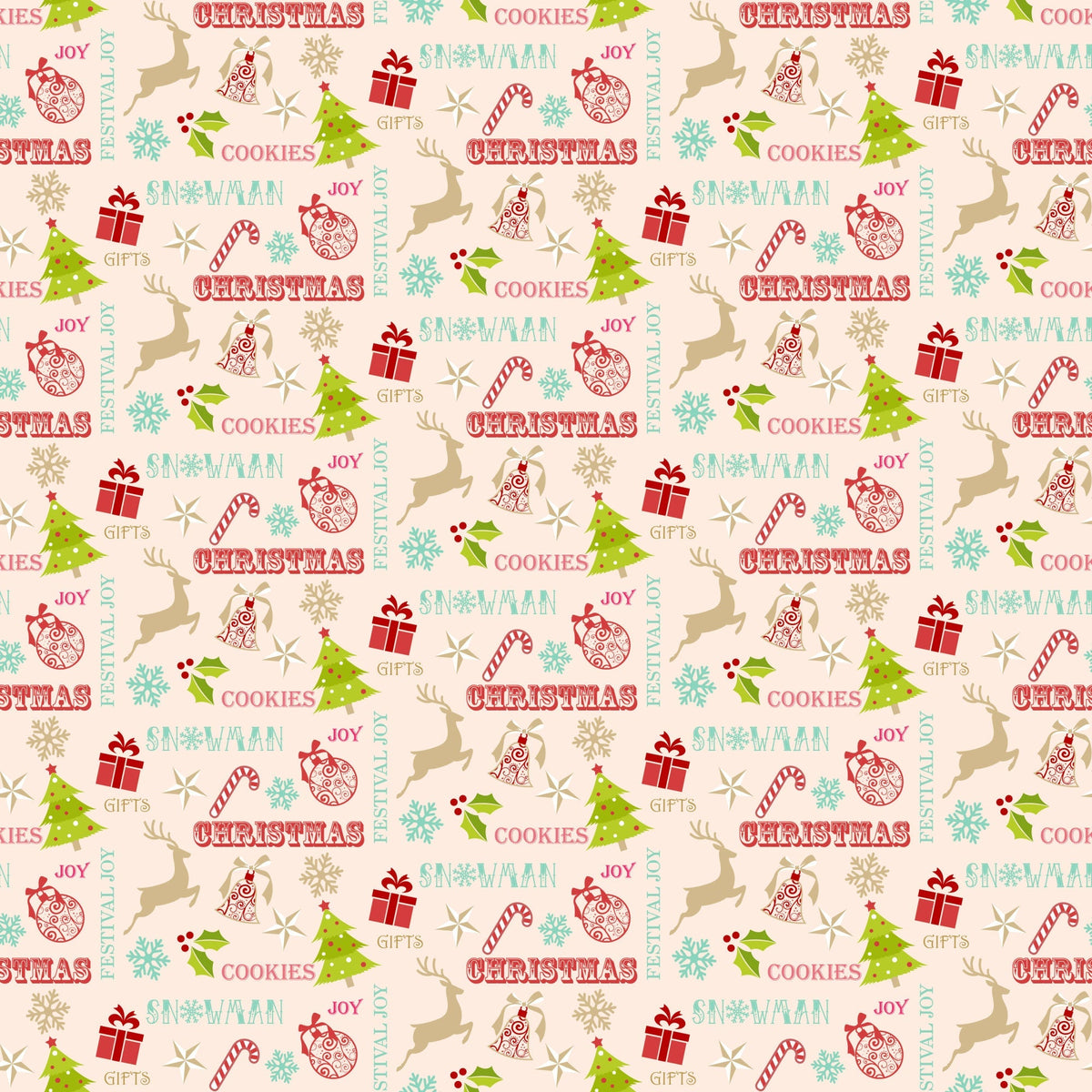 christmas pattern,, fabric panel, holiday motifs, reindeer silhouettes, christmas trees, ornament baubles, candy canes, gift boxes, snowflakes, holly leaves, jingle bells, festive words, cream background, red accents, green elements, turquoise blue, pink text, tan beige, winter theme, seasonal fabric, repeating pattern, holiday crafting