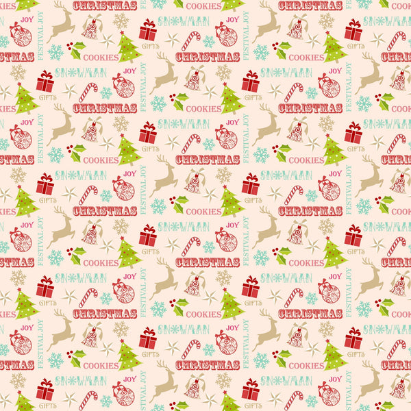 christmas pattern,, fabric panel, holiday motifs, reindeer silhouettes, christmas trees, ornament baubles, candy canes, gift boxes, snowflakes, holly leaves, jingle bells, festive words, cream background, red accents, green elements, turquoise blue, pink text, tan beige, winter theme, seasonal fabric, repeating pattern, holiday crafting