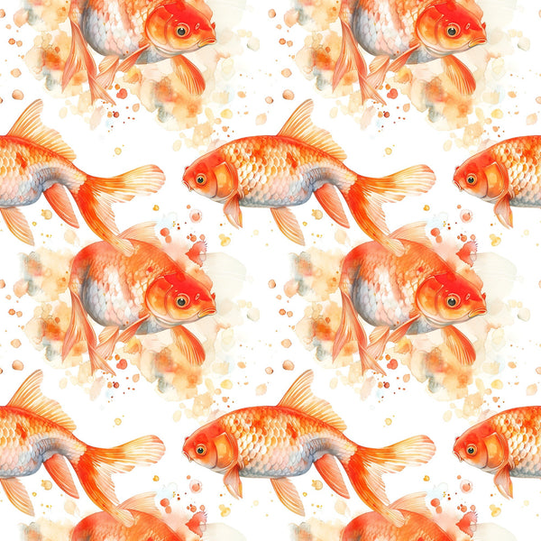 watercolor fish, goldfish pattern, orange fish, coral pink, peachy tones, warm colors, aquatic animals, swimming fish, repeating pattern,, fabric panel, watercolor style, painterly effect, splash details, scales texture, fins detail, seamless repeat, craft fabric, sewing material, fish motif