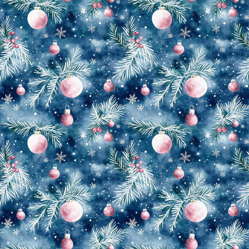 watercolor, navy blue, deep blue, pink ornaments, christmas baubles, pine branches, evergreen needles, snowflakes, winter berries, seamless pattern, repeating design, holiday motif, festive theme,, fabric panel, christmas decor, ornamental design, winter wonderland, seasonal pattern, crafting material