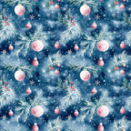 watercolor, navy blue, deep blue, pink ornaments, christmas baubles, pine branches, evergreen needles, snowflakes, winter berries, seamless pattern, repeating design, holiday motif, festive theme,, fabric panel, christmas decor, ornamental design, winter wonderland, seasonal pattern, crafting material