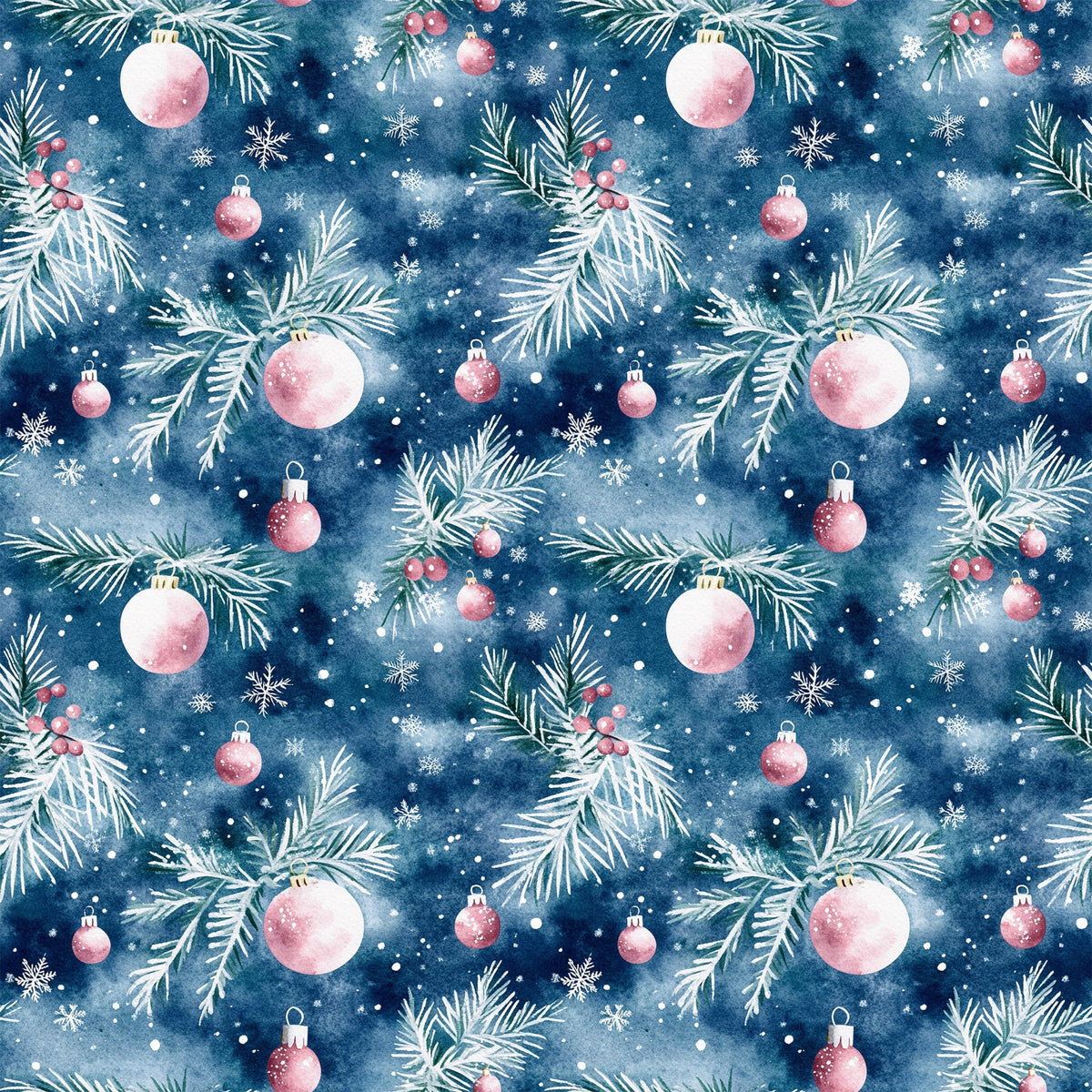 watercolor, navy blue, deep blue, pink ornaments, christmas baubles, pine branches, evergreen needles, snowflakes, winter berries, seamless pattern, repeating design, holiday motif, festive theme,, fabric panel, christmas decor, ornamental design, winter wonderland, seasonal pattern, crafting material