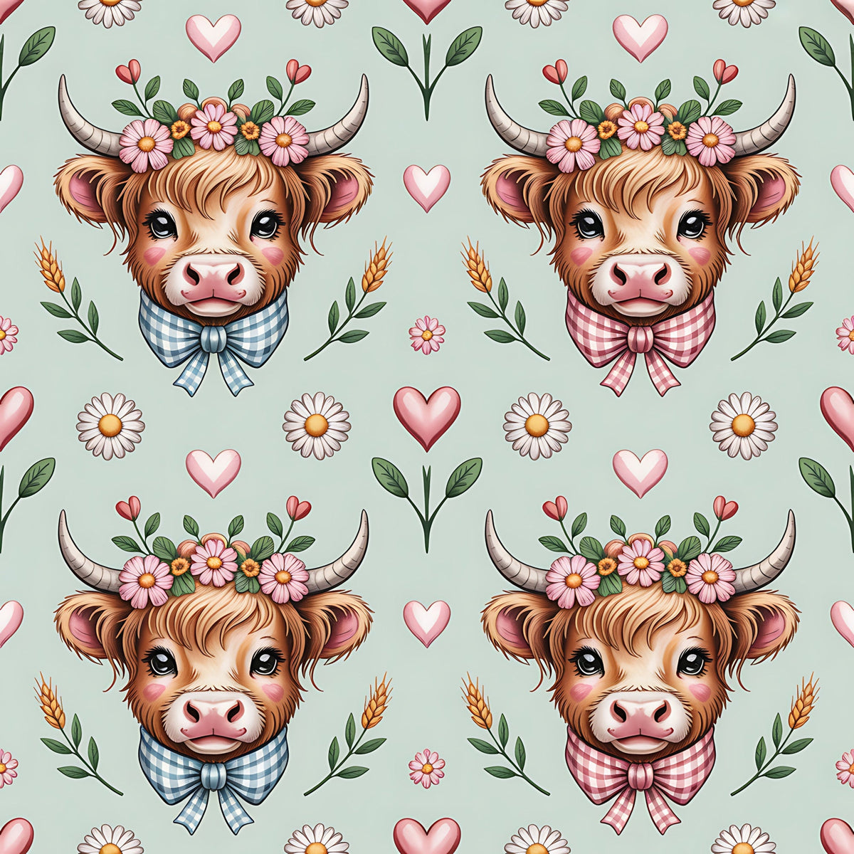 highland cow, cow heads, floral crown, gingham bow ties, pink hearts, daisy flowers, wheat stalks, green leaves, brown fur, pink bows, blue checkered, cottage core, farm animals,, fabric panel, repeating pattern, pastoral theme, soft green background, adorable cows, country style