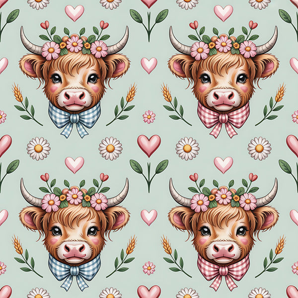 highland cow, cow heads, floral crown, gingham bow ties, pink hearts, daisy flowers, wheat stalks, green leaves, brown fur, pink bows, blue checkered, cottage core, farm animals,, fabric panel, repeating pattern, pastoral theme, soft green background, adorable cows, country style