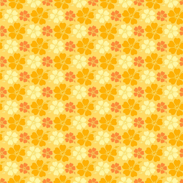 yellow, orange, coral, cream, hibiscus flowers, tropical blooms, floral pattern, repeating design, summer vibes, beach theme, hawaiian style, warm tones,, fabric panel, tropical paradise, vacation mood, sunset colors, island florals, seamless repeat, sunny disposition