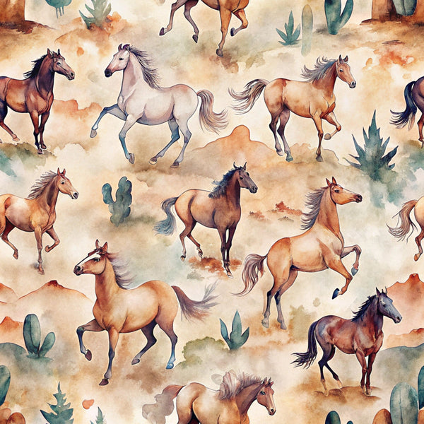horses, wild horses, watercolor style, brown, tan, beige, cream, sage green, desert plants, cacti, running horses, galloping, western theme, southwestern,, fabric panel, seamless pattern, equestrian, desert landscape, earth tones, natural colors, artistic illustration