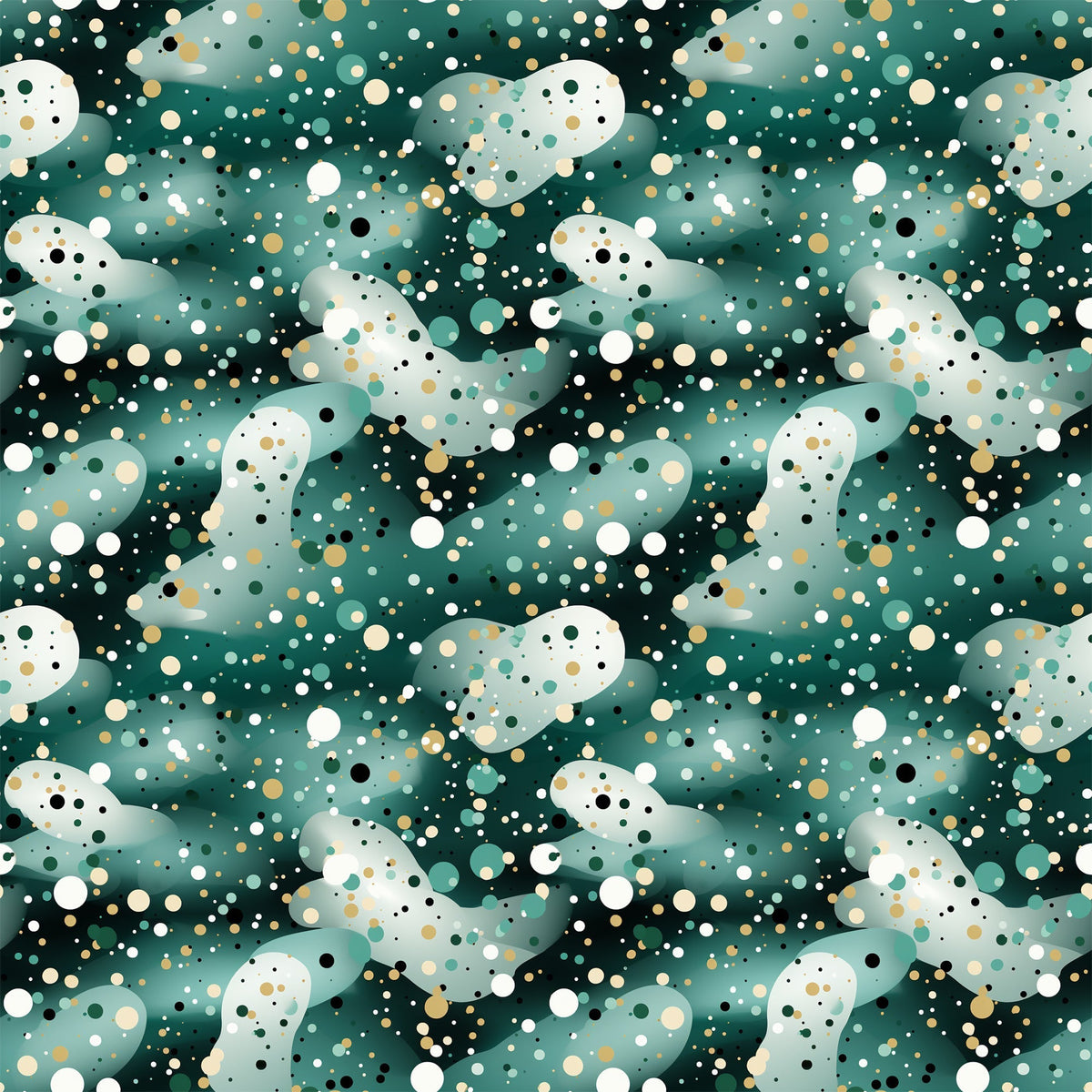 green, teal, white, gold, black, confetti pattern, polka dots, circles, scattered dots, modern design, contemporary style,, fabric panel, festive, celebratory, abstract pattern, geometric design, party theme, scattered elements, vibrant colors