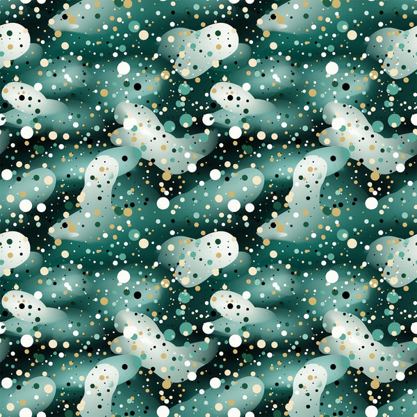 green, teal, white, gold, black, confetti pattern, polka dots, circles, scattered dots, modern design, contemporary style,, fabric panel, festive, celebratory, abstract pattern, geometric design, party theme, scattered elements, vibrant colors
