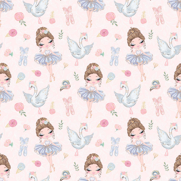 pink background, ballerina girls, blue tutus, white swans, ballet slippers, floral roses, watercolor style, whimsical illustration, pastel colors,, fabric panel, dance theme, feminine design, cute characters, repeating pattern, soft pink, powder blue, delicate florals, ballet motifs, children's fabric