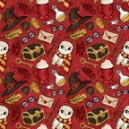 crimson red background, wizard hat, owl character, striped scarf, potion bottles, treasure chest, magic wand, quill feathers, round glasses, sealed envelope, golden key, hot chocolate mug, whimsical illustration, repeating pattern,, fabric panel, magical theme, cartoon style, burgundy tones, yellow accents