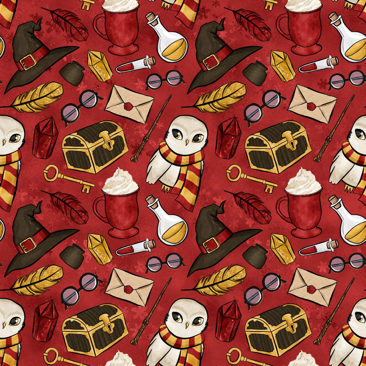 crimson red background, wizard hat, owl character, striped scarf, potion bottles, treasure chest, magic wand, quill feathers, round glasses, sealed envelope, golden key, hot chocolate mug, whimsical illustration, repeating pattern,, fabric panel, magical theme, cartoon style, burgundy tones, yellow accents