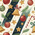 christmas ornaments, red ornaments, gold stars, green pine branches, candy canes, jingle bells, striped baubles, festive pattern,, fabric panel, holiday motifs, cream background, dark green stripes, watercolor style, seasonal design, winter decorations, ribbon bows, evergreen sprigs, christmas bells, holiday fabric