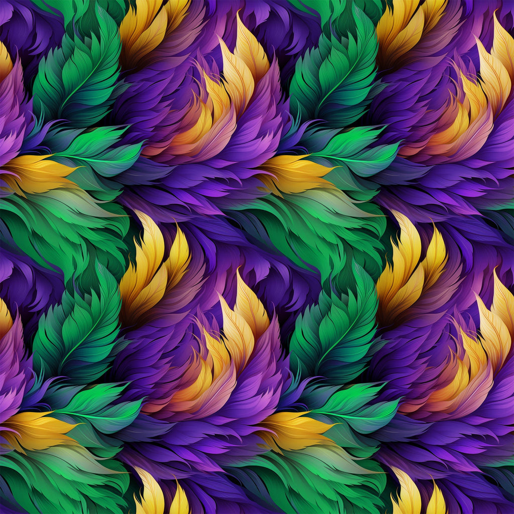 feathers, mardi gras, purple, green, gold, yellow, flowing pattern, ornate plumes, carnival theme,, fabric panel, swirling design, festive colors, decorative feathers, rich purples, emerald green, golden yellow, seamless repeat, luxurious texture, celebration motif