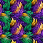 feathers, mardi gras, purple, green, gold, yellow, flowing pattern, ornate plumes, carnival theme,, fabric panel, swirling design, festive colors, decorative feathers, rich purples, emerald green, golden yellow, seamless repeat, luxurious texture, celebration motif