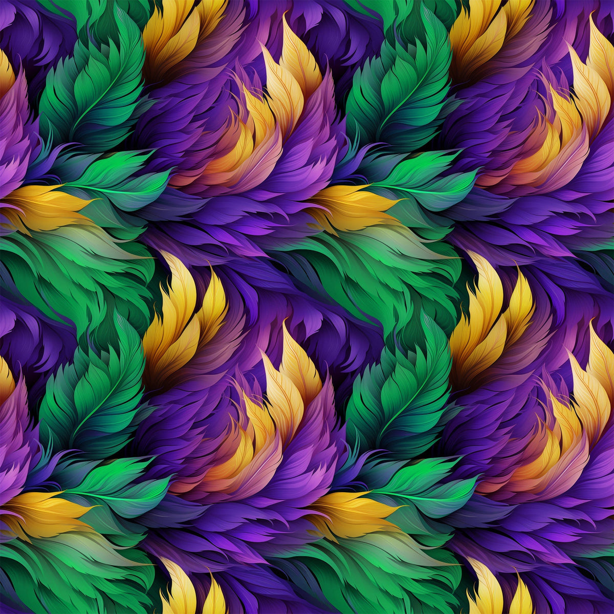 feathers, mardi gras, purple, green, gold, yellow, flowing pattern, ornate plumes, carnival theme,, fabric panel, swirling design, festive colors, decorative feathers, rich purples, emerald green, golden yellow, seamless repeat, luxurious texture, celebration motif