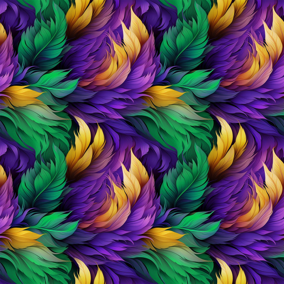 feathers, mardi gras, purple, green, gold, yellow, flowing pattern, ornate plumes, carnival theme,, fabric panel, swirling design, festive colors, decorative feathers, rich purples, emerald green, golden yellow, seamless repeat, luxurious texture, celebration motif