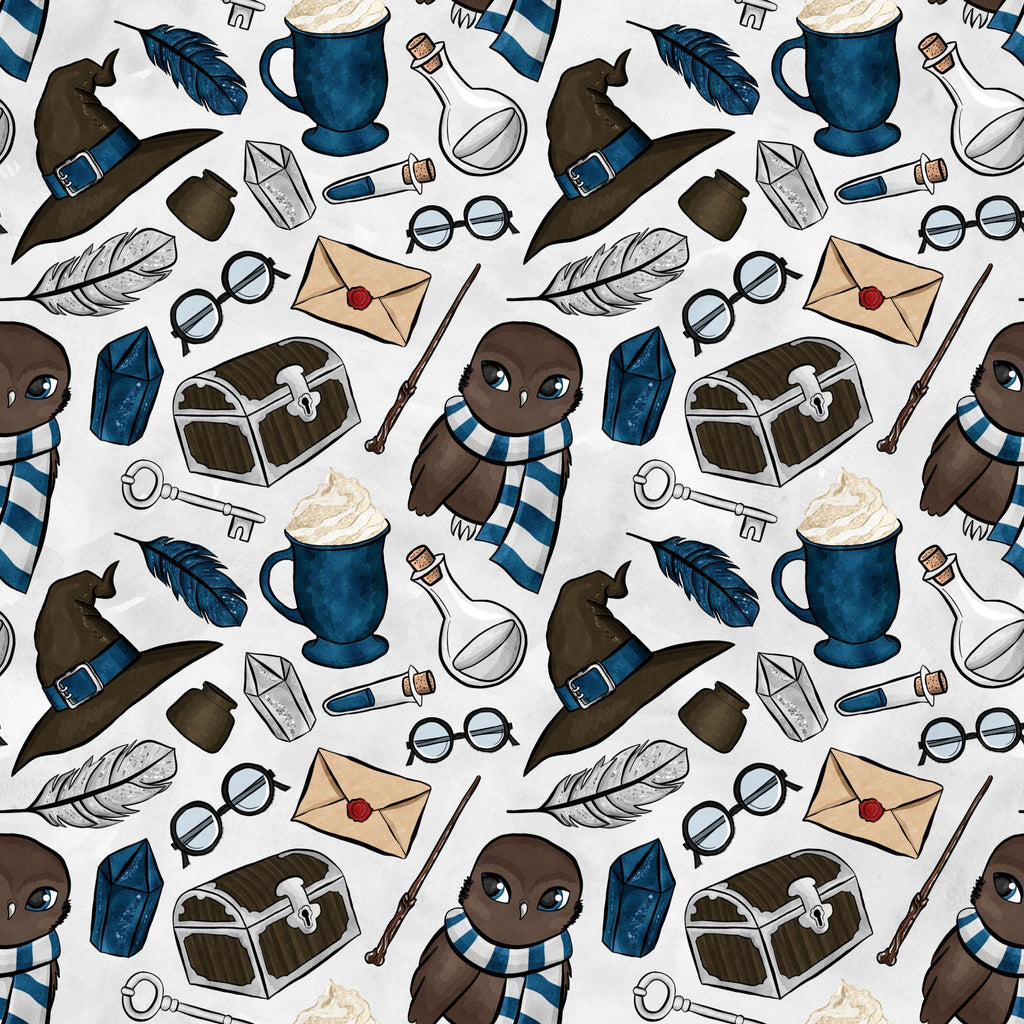 brown owl, blue scarf, wizard hat, potion bottles, treasure chest, feathers, round glasses, magic wand, envelope, skeleton key, hot chocolate mug,, repeating pattern, whimsical design, fantasy theme, magical elements, navy blue, cream background, cute characters, school supplies