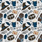 brown owl, blue scarf, wizard hat, potion bottles, treasure chest, feathers, round glasses, magic wand, envelope, skeleton key, hot chocolate mug,, repeating pattern, whimsical design, fantasy theme, magical elements, navy blue, cream background, cute characters, school supplies