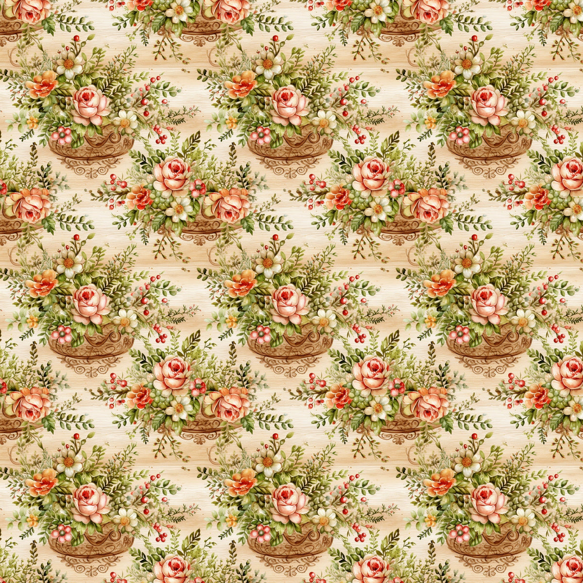 floral pattern, vintage roses, ornate baskets, pink roses, cream background, botanical design, repeating motif,, fabric panel, cottage core, romantic florals, peachy pink, sage green, decorative urns, garden flowers, feminine aesthetic, soft pastels, english garden, flower arrangements, delicate berries