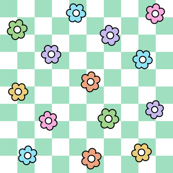 mint green, pastel colors, soft colors, cheerful flowers, floral pattern, simple flowers, colorful flowers, whimsical style, playful design, spring theme, summer theme, kids design, nursery decor, playroom fabric, baby shower, light blue flowers, pink flowers, purple flowers, yellow flowers, coral flowers, green flowers, multi-colored, rainbow colors, cute design, child-friendly, sweet pattern, garden theme, nature inspired, bright and cheerful