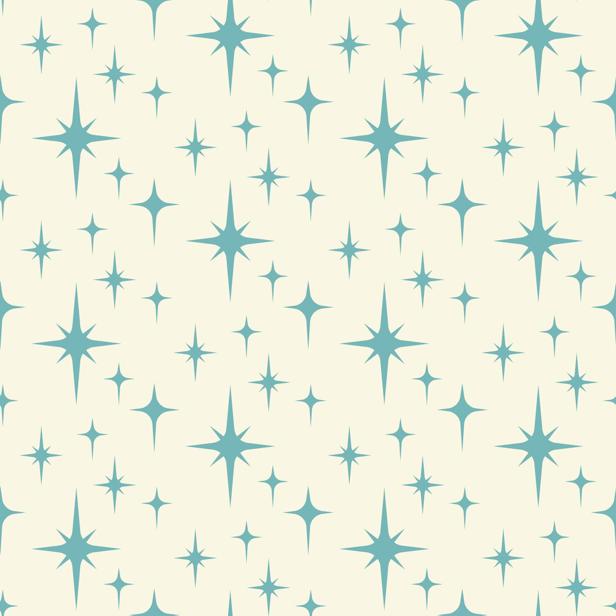 turquoise, teal, cream, beige, starburst pattern, atomic design, mid-century modern, retro style, geometric shapes, star motifs, sparkle design,, fabric panel, vintage inspired, celestial theme, repeating pattern, crafting material, sewing fabric, nostalgic mood, space age design