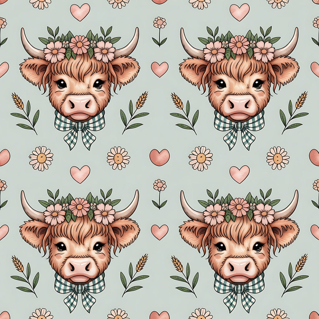 highland cow, cow heads, floral crown, pink flowers, green checkered bow, hearts, pastoral design, farm animals, cute illustration, soft sage green, coral pink, brown fur, horns, whimsical style,, fabric panel, repeating pattern, country charm, botanical elements, kawaii aesthetic