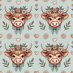 highland cow, cow heads, floral crown, pink flowers, green checkered bow, hearts, pastoral design, farm animals, cute illustration, soft sage green, coral pink, brown fur, horns, whimsical style,, fabric panel, repeating pattern, country charm, botanical elements, kawaii aesthetic