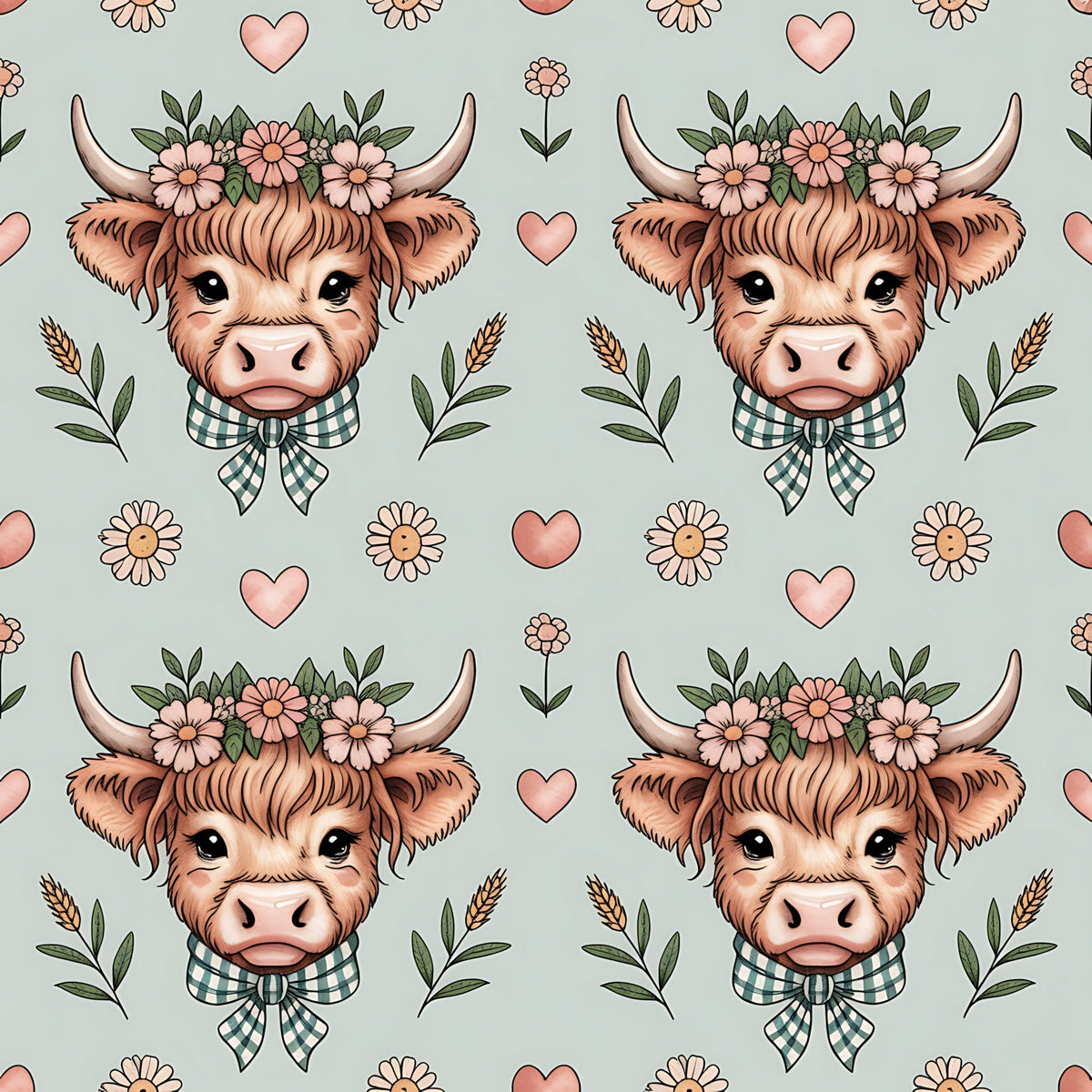 highland cow, cow heads, floral crown, pink flowers, green checkered bow, hearts, pastoral design, farm animals, cute illustration, soft sage green, coral pink, brown fur, horns, whimsical style,, fabric panel, repeating pattern, country charm, botanical elements, kawaii aesthetic