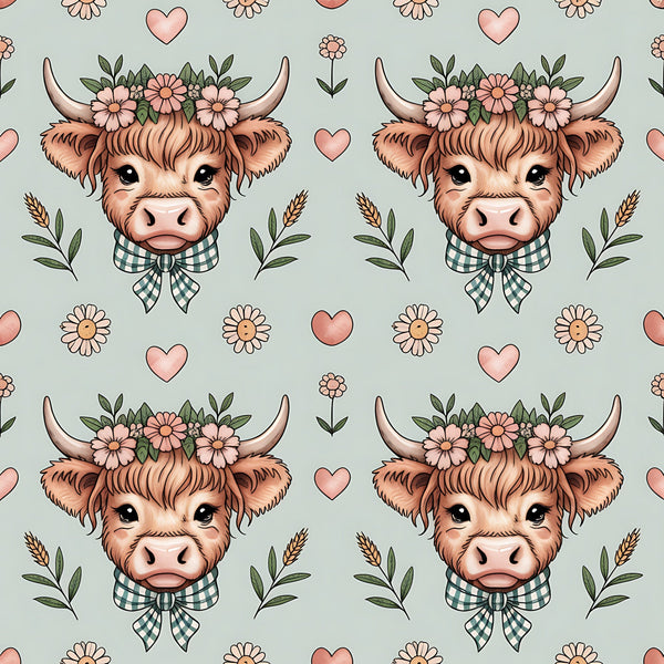highland cow, cow heads, floral crown, pink flowers, green checkered bow, hearts, pastoral design, farm animals, cute illustration, soft sage green, coral pink, brown fur, horns, whimsical style,, fabric panel, repeating pattern, country charm, botanical elements, kawaii aesthetic