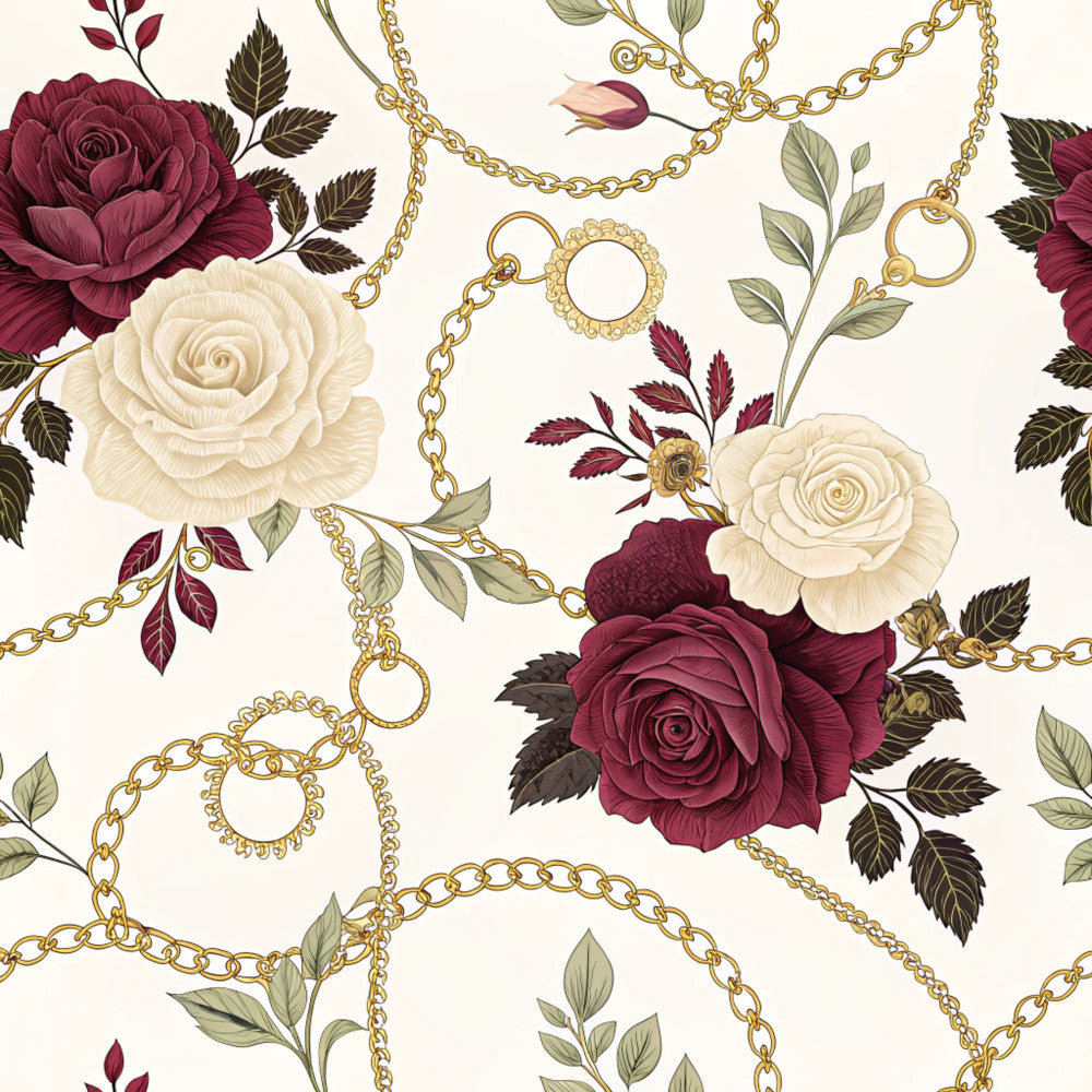 burgundy rose, cream white, gold chain, deep red, sage green, dark green, floral, botanical, vintage, elegant, romantic, luxury, classic, roses, leaves, chain link, ornate, traditional, nature-inspired, garden, timeless, sophisticated, decorative, formal, wedding, upholstery-inspired, damask-style, ornamental, feminine