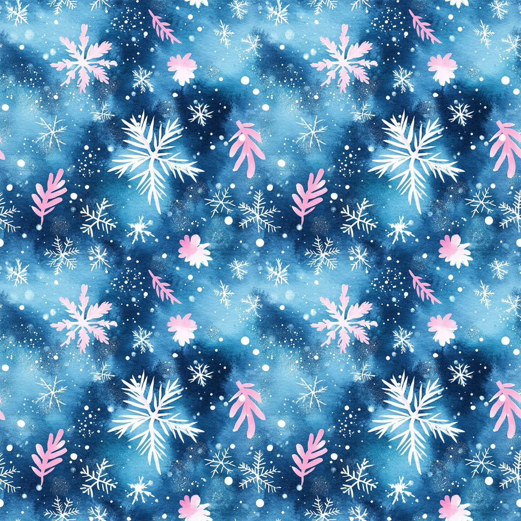 watercolor blue, christmas pattern,, fabric panel, snowflakes, winter motifs, pink accents, white snowflakes, navy blue, celestial blue, holiday fabric, seasonal design, watercolor effect, winter wonderland, festive pattern, cotton fabric, quilting material, christmas crafting, holiday sewing, winter theme