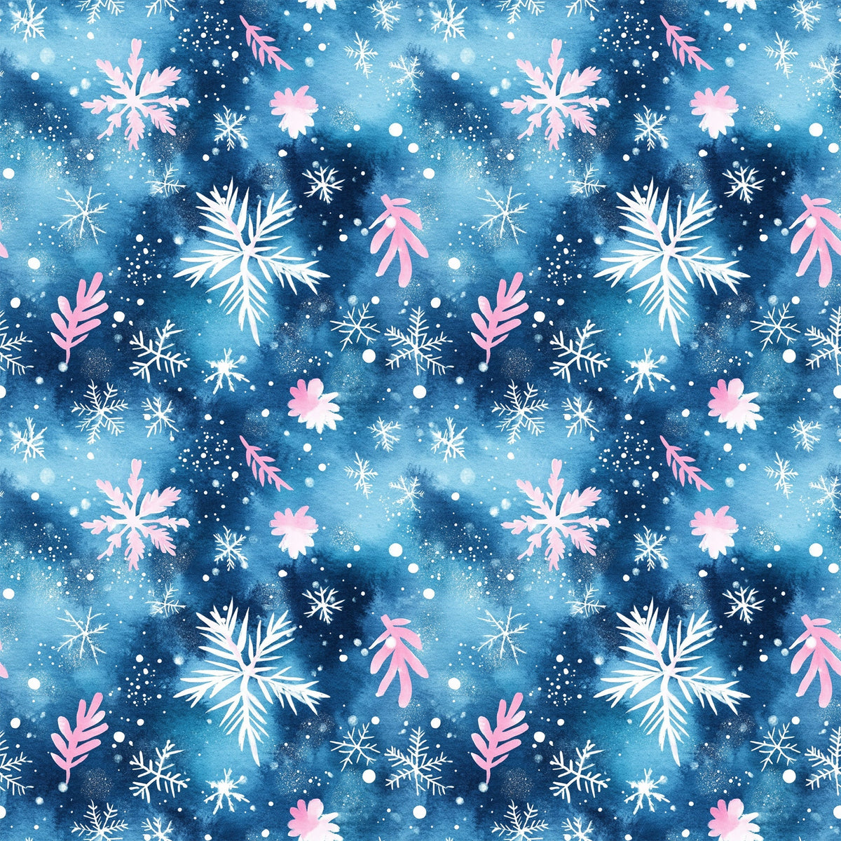watercolor blue, christmas pattern,, fabric panel, snowflakes, winter motifs, pink accents, white snowflakes, navy blue, celestial blue, holiday fabric, seasonal design, watercolor effect, winter wonderland, festive pattern, cotton fabric, quilting material, christmas crafting, holiday sewing, winter theme