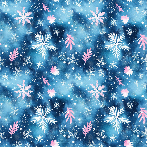 watercolor blue, christmas pattern,, fabric panel, snowflakes, winter motifs, pink accents, white snowflakes, navy blue, celestial blue, holiday fabric, seasonal design, watercolor effect, winter wonderland, festive pattern, cotton fabric, quilting material, christmas crafting, holiday sewing, winter theme