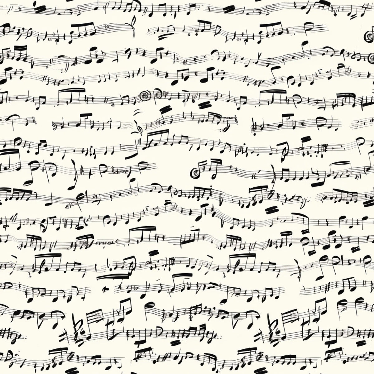 cream background, black ink, handwritten musical notes, sheet music, musical staff lines, treble clefs, bass clefs, scattered notes, vintage style, artistic penmanship,, fabric panel, monochrome design, music themed, elegant script, flowing composition, seamless pattern, craft fabric, sewing material