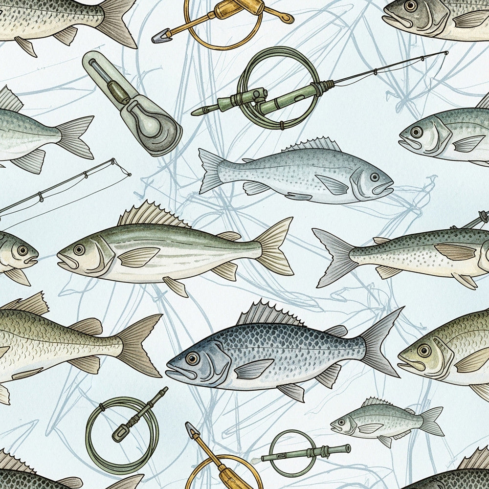 fishing, fish, nautical, vintage, fishing poles, fishing reels, compasses, fishing lures, outdoors, adventure, nature, male, boys, khaki, tan, cream, sage green, gray, blue, muted tones, earthy tones, traditional, rustic, sportsman, wildlife, water themed, hunting and fishing, cabin decor, lodge style, retro