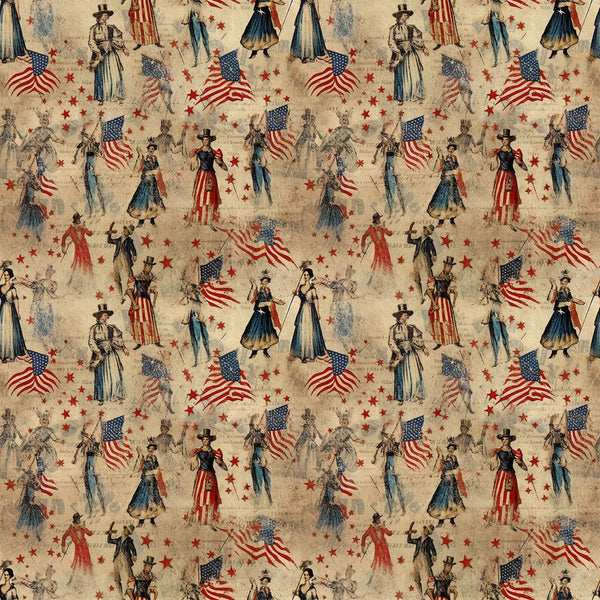 americana, patriotic, vintage, red, blue, beige, cream, uncle sam, american flags, stars, historical figures, civil war era, period costumes, top hats, military uniforms,, fabric panel, repeating pattern, nostalgic, weathered texture, colonial dress, striped patterns