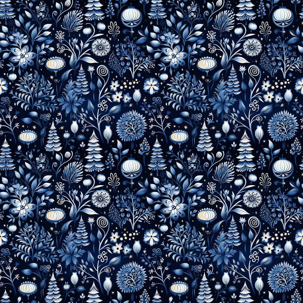 delft blue, navy blue, white, cream, winter pattern, floral motifs, evergreen trees, ornamental flowers, folk art style, botanical design, decorative ornaments, scandinavian inspired,, fabric panel, seamless pattern, intricate details, winter theme, stylized florals, blue and white, repeating design